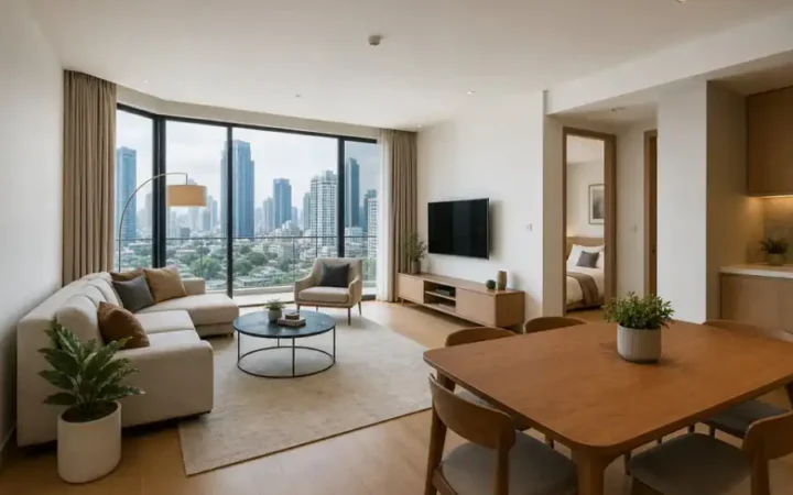 ภาพตัวอย่างห้องนั่งเล่นคอนโดสองห้องนอนย่านสุขุมวิท